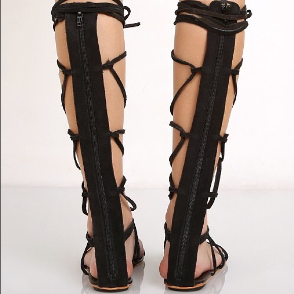 India Black Leather Gladiator Tall Wrap Up Sandals - Picture 6 of 8
